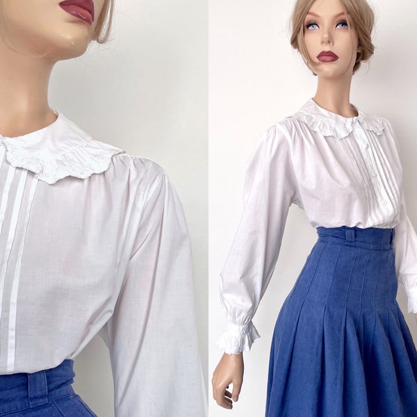 Chemisier blanc Laura Ashley vintage des années 80, chemise à manches courtes pour dames nervurées avec col Claudine, taille 8 taille 10