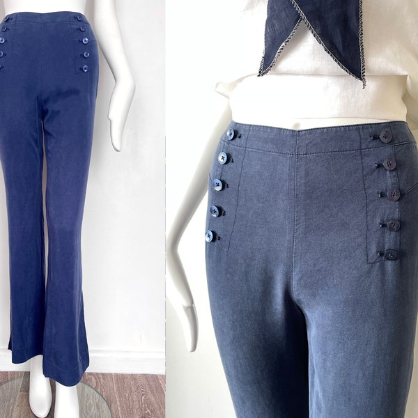 Vintage 90s sailor pants navy blue trousers ladies high rise crop pants, size 6 size 8