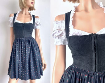 60s dirndl tracht vintage folk dress, black linen corset w rose floral skirt, size 6 size 8