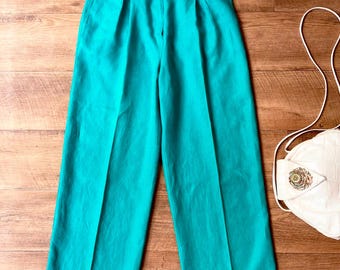 Pantalones vintage de lino verde de tiro alto con pliegues de Sportscraft de los años 80, talla pequeña.