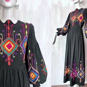 Vintage 1970s embroidered peasant dress | lantern sleeve maxi | folk ethnic boho black multicolour cotton | size 6 size 8 xs