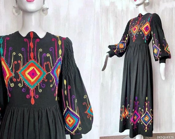 Vintage 1970s Maxi | Embroidered Black Boho Peasant Dress, Size 6-8 Xs