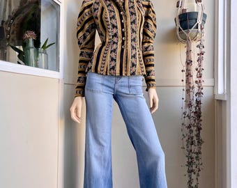 Vintage 1970s Billy Plunkett Tapestry Blouse, Floral Stripe Leg o Mutton Top, Size Small