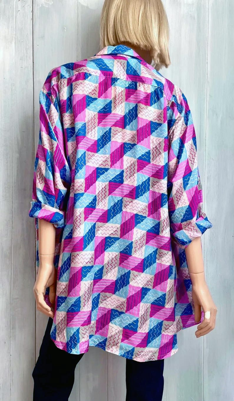 Silk Patchwork Oversized Shirt Blue Vintage For Summer, Flowy Comfort, One Size Fits All main image 0