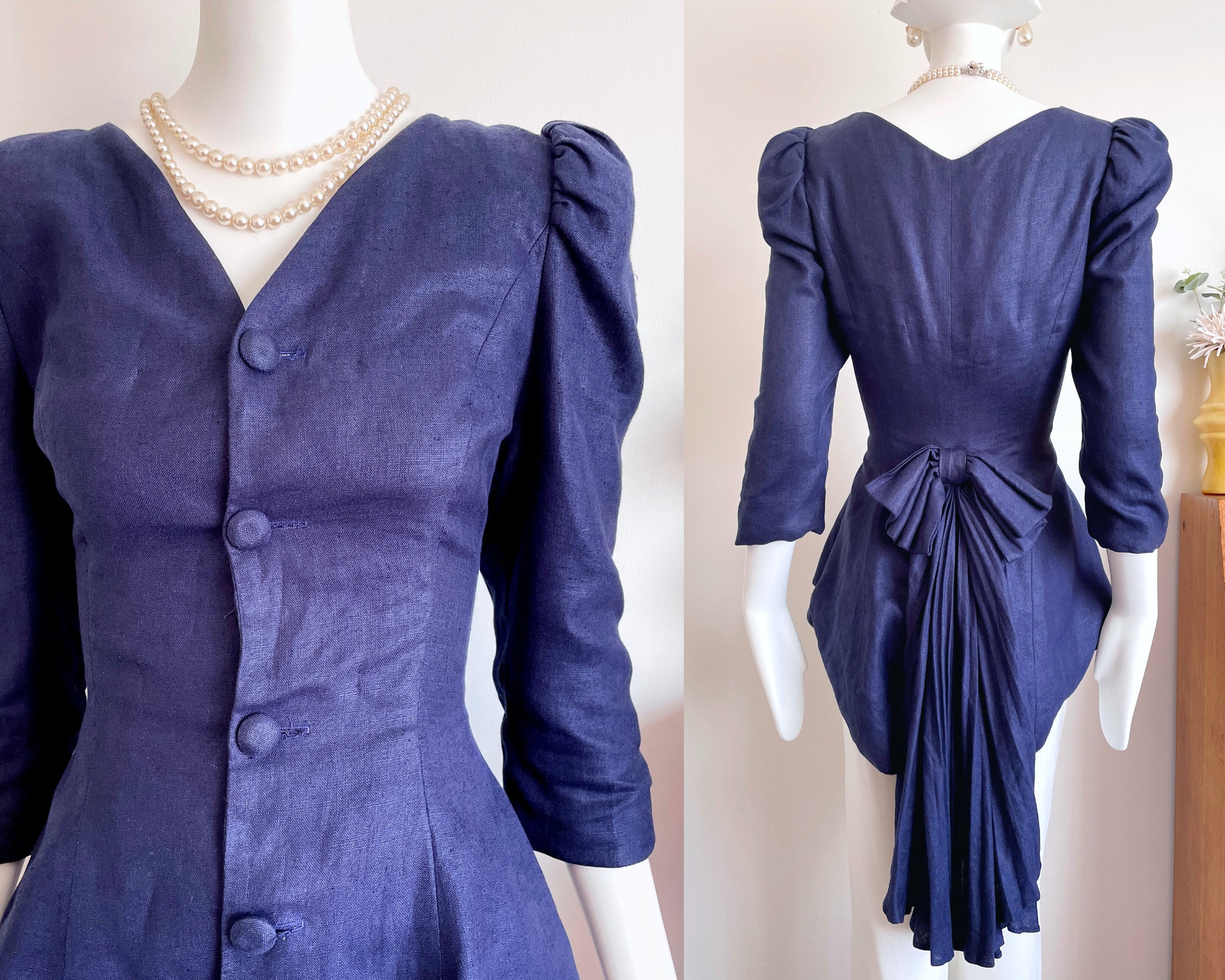 Vintage 1980s Indigo Blue LINEN Jacket | 80s Victorian Style Gigot 