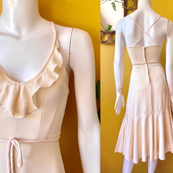 Vintage 70s disco dress, sleeveless ruffle neck trumpet dress, pale yellow crepe, size 4 xxxs