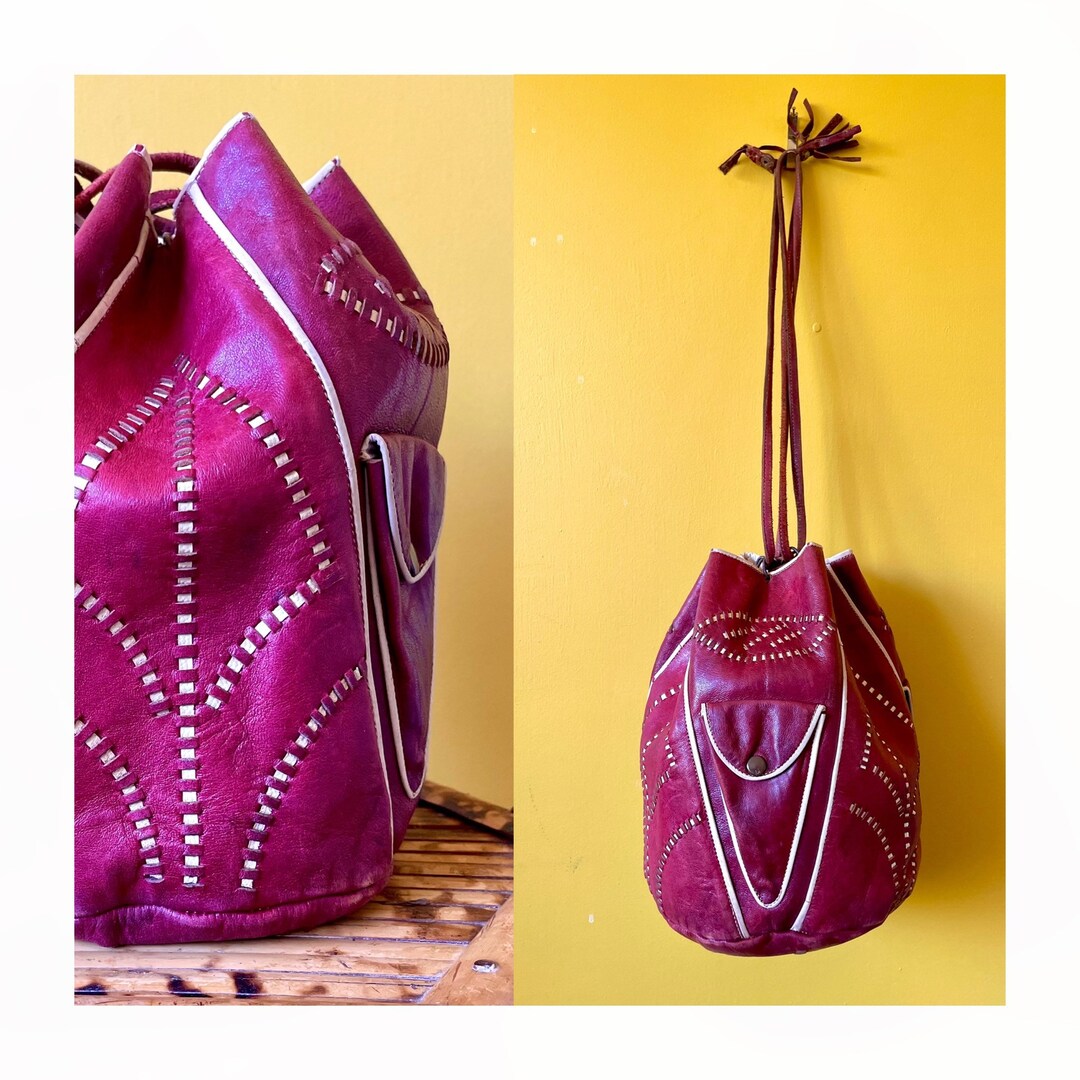 Vintage 50's Red Leather Drawstring Purse Pouch Wristlet Etsy