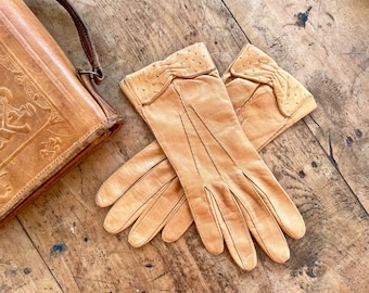 gants de conduite vintage en cuir de chevreau, années 40 50 brun caramel doux, taille femme 7,5