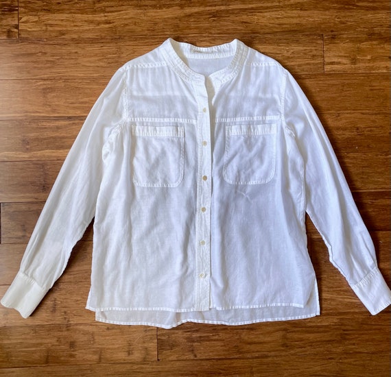 Vintage 80s white blouse, collarless linen cotton… - image 5