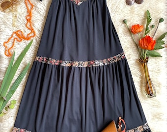 Vintage 1970s Black Empire Waist Prairie Boho Tiered Maxi Hostess Dress, Size Small