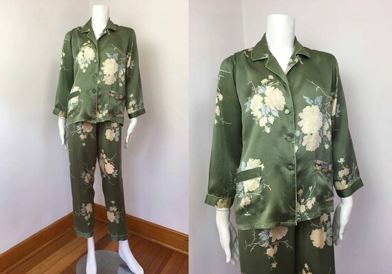 Green Silk Floral Pyjamas – Size 6-8_30s Style