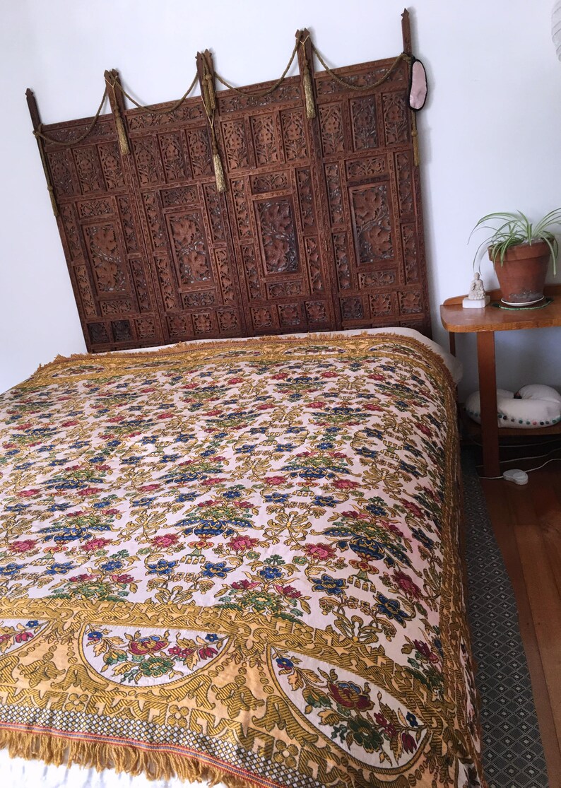 Vintage Italian Brocade Satin Bedspread With Fringe Floral Etsy