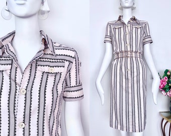 Vintage 60s Horrockses shirtwaister shift dress | blue white striped shirtmaker | mid mod summer, size 8 size 10