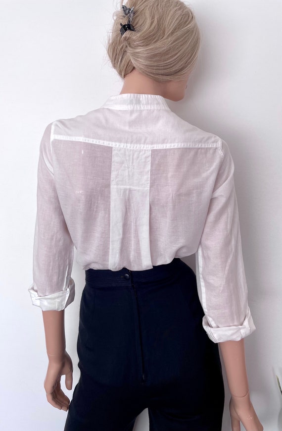 Vintage 80s white blouse, collarless linen cotton… - image 4