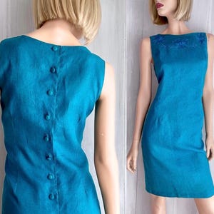 Vintage 80s Linen Shift Dress | Teal Blue Sleeveless Mini, Size 8-10