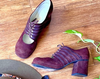 Zapatos Oxford de plataforma de ante color marrón, estilo vintage de los años 70, San José, España. Talla EU37 US6.
