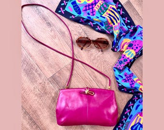 Bolso de mano convertible/bandolera de noche de piel rosa fucsia vintage Oroton, talla pequeña