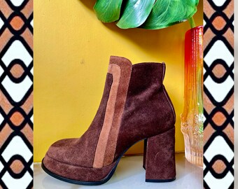 Vintage brown suede tricolour platform ankle boots, size 37 size 6 | made in Italy | 70s disco glam