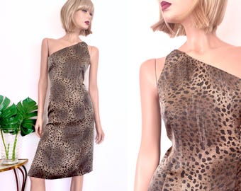 Abito vintage anni '80 in seta con stampa leopardata / John Cavill, monospalla, midi, taglia 8-10 Small