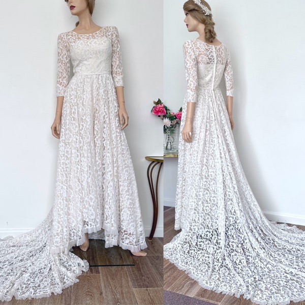 Vintage 50s lace wedding dress | A-Line illusion neckline modest bridal gown with train | Ronaldo Gowns, size 4 size 6