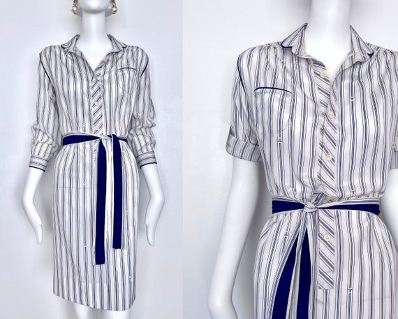 Vintage Lanvin 70s Shirt Dress Logo Striped Blue White Satin 