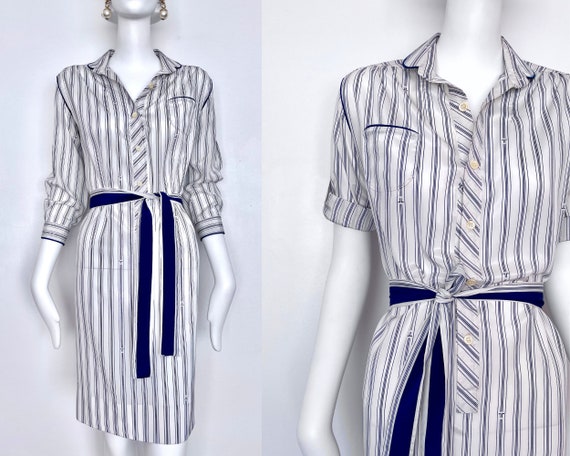 Vintage 1970s Lanvin Midi Shirt Dress | Logo Pinstripe Blue