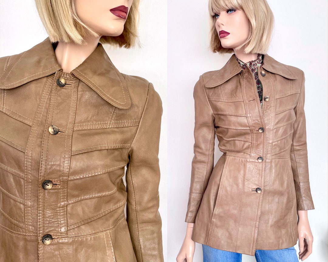 Vintage 70s Dog Ear Collar Leather Jacket Beige Leather Etsy