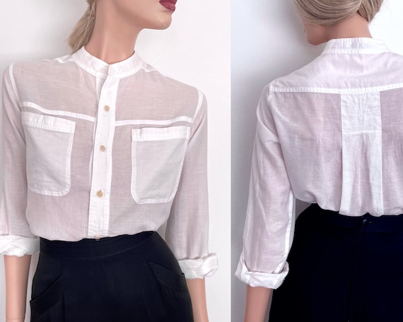 Vintage 80s white blouse, collarless linen cotton… - image 1