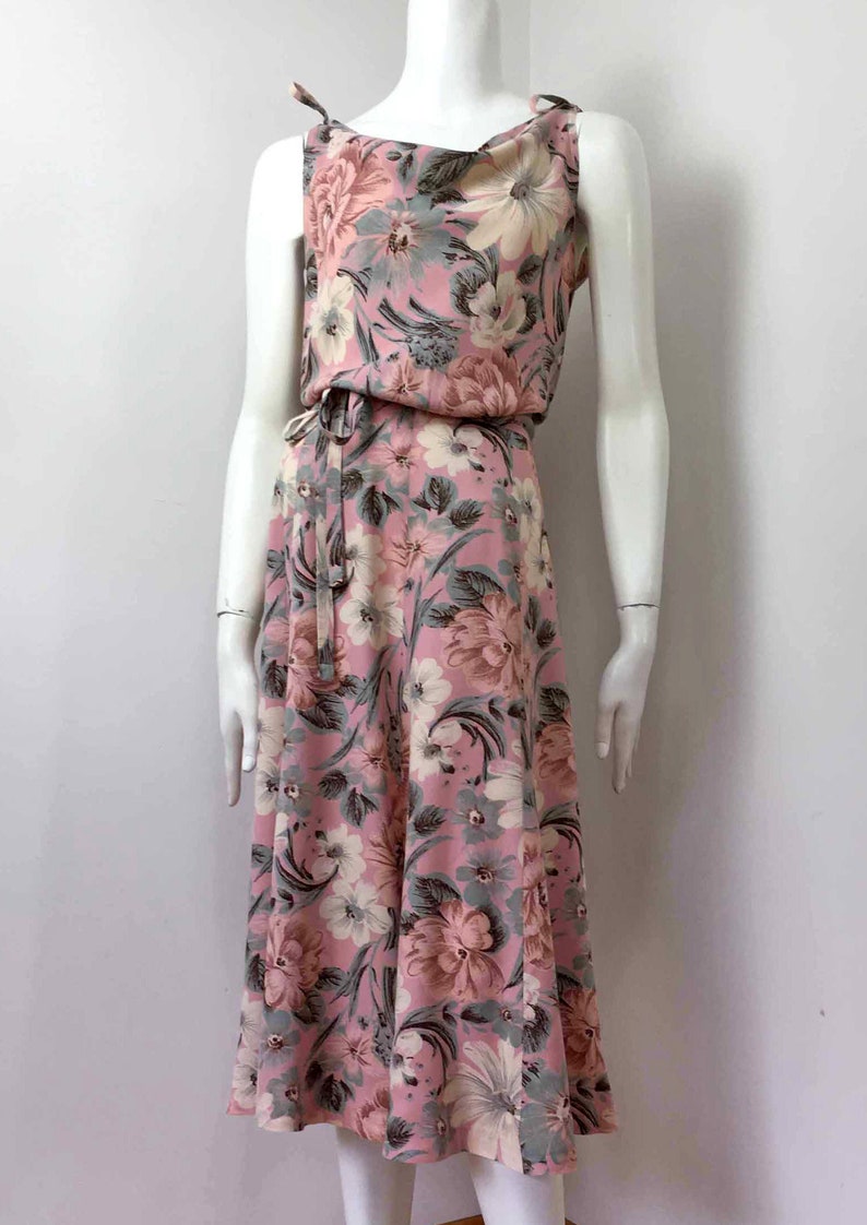 Vintage CUE Cowl Neck Sun Dress \u2013 Size 10-12 \u2013 30s Style Floral Frock/_ Pink Rayon Floral Print/_70s 80s