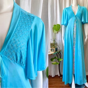Roupão vintage dos anos 70 | camisola de náilon | lingerie Hilton | azul-água | tamanho 8, tamanho 10, pequeno