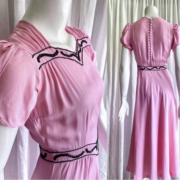 Vintage 30s 40s Lindy Hop circle dress, bias cut A-line midi | apricot pink crepe de chine beaded swing dress, size 4 size 6