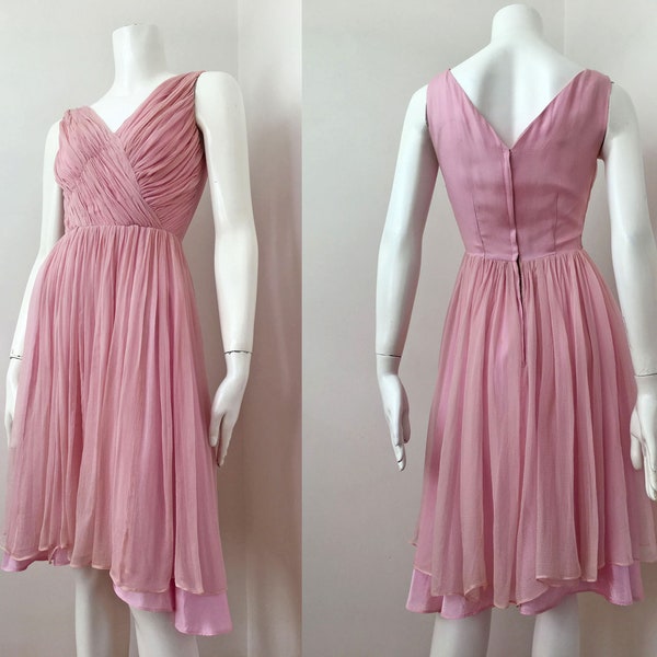 Vintage soft pink silk chiffon ruched cocktail party gown | size 4 size 6 | a-line evening mini dress