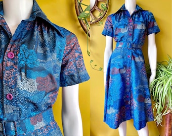 Vintage 70s shirtwaister, blue polyester button front midi dress/shirtmaker, size 8 size 10