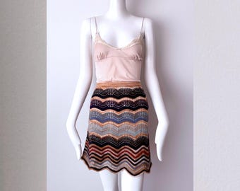 Vintage Missoni Mini Skirt | Y2K Mohair Wool Zigzag Crochet Knit, Size 10-12 Medium