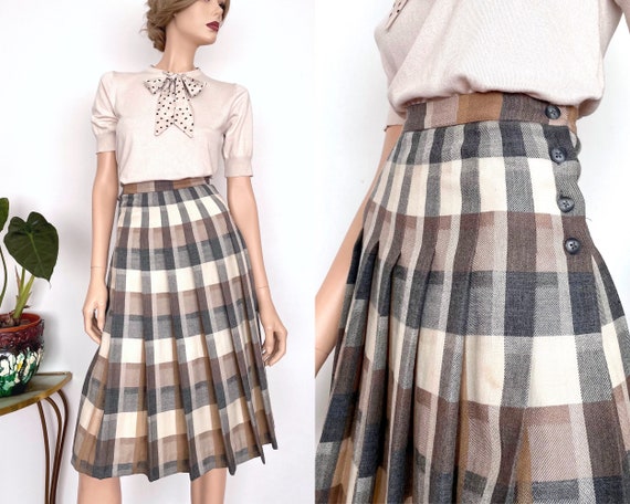 Vintage 1970s Jaeger London 100% Wool Pleated Midi Skirt Plaid
