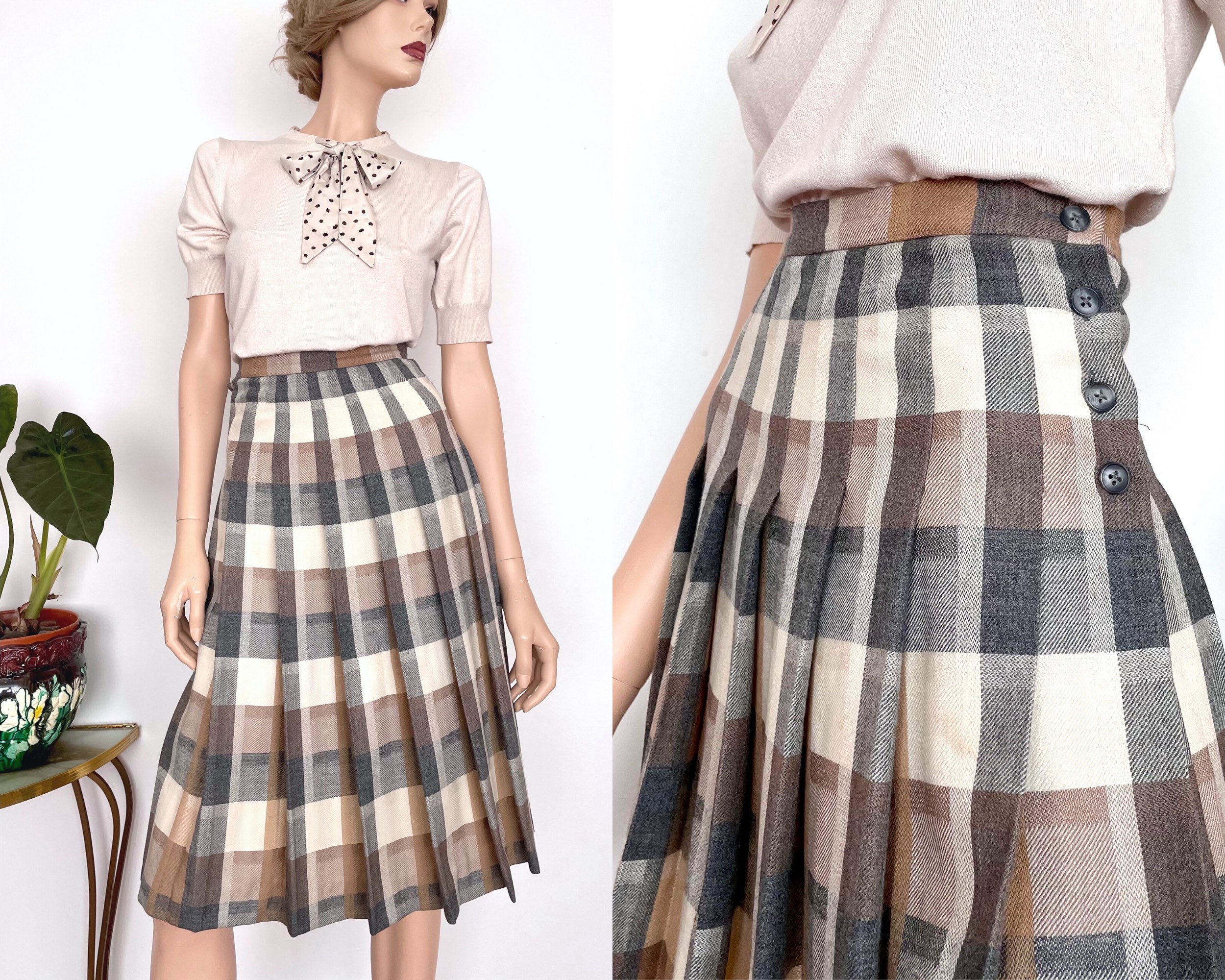 Vintage 1970s Jaeger London 100% Wool Pleated Midi Skirt Plaid