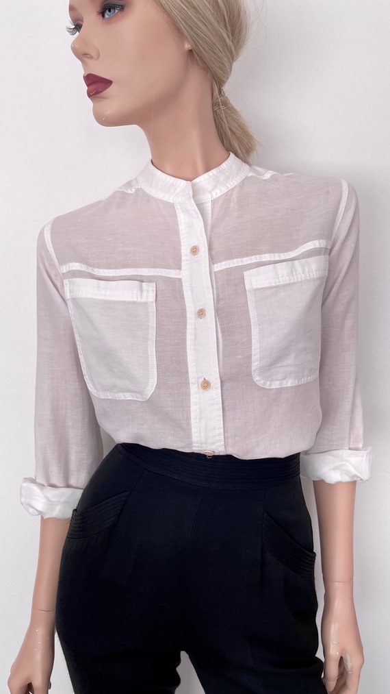 Vintage 80s white blouse, collarless linen cotton… - image 2
