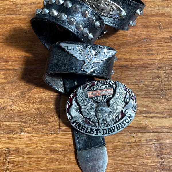 Vintage Harley Davidson studded leather belt | American Eagle buckle | Harmony Design USA | Siskiyou 0-88 | Biker | HOG 1992