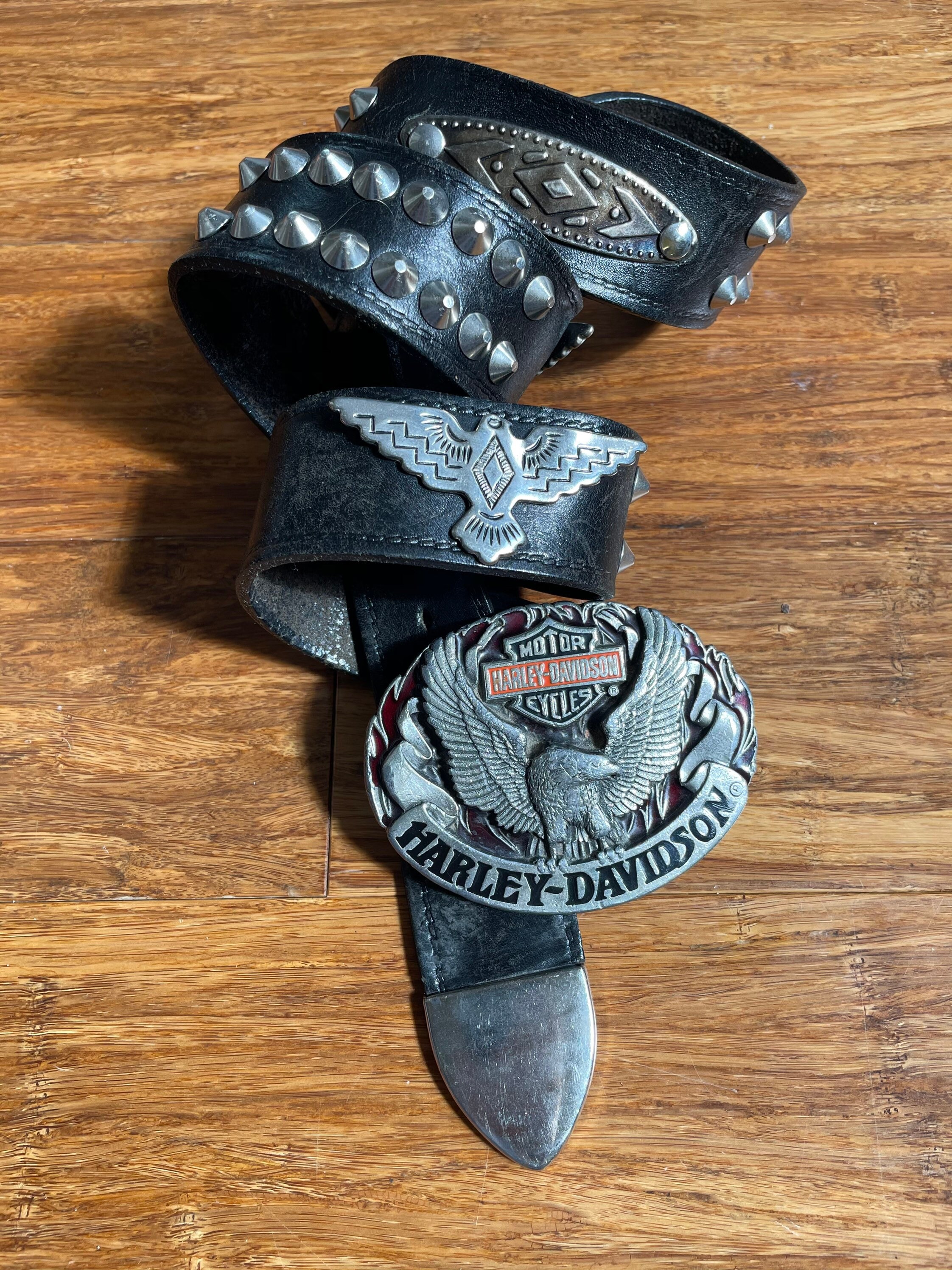 Vintage Harley Davidson Studded Leather Belt American Eagle Buckle