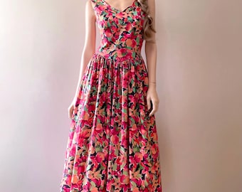 Vintage 1980s Laura Ashley Fruit Floral Cotton Midi Tea Dress, Size XL