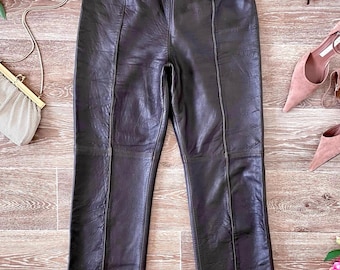 Vintage 1990s George Gross Brown Lambskin Leather High Waist Minimalist Pants, Size Medium
