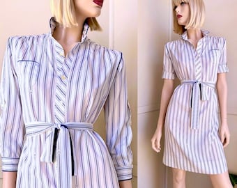 blue pinstripe tie waist shirt dress Women's Blue Pinstripe Tie Detail Button Down Shirt Dress