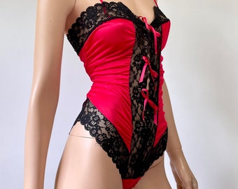 Vintage 1980s Another Glance Crimson Red Nylon Black Lace Ruched Teddy Bodysuit, Size Small