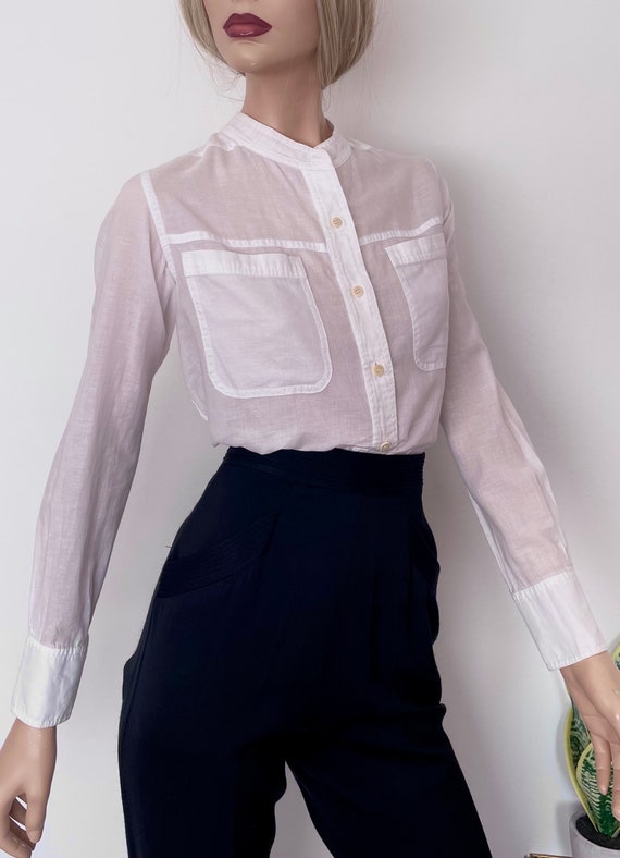 Vintage 80s white blouse, collarless linen cotton… - image 3