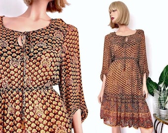 Vintage 1970s Tiered Boho Midi Dress | Autumn Tone Smock | Chelsea Girl, Size 8-10 Small