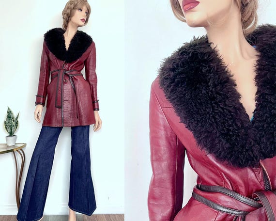 Vintage 1970s Genuine Leather Belted Fur Collar Jacket | Burgundy Brown | Penny Lane Trench Half Coat, Size 8-10 Small