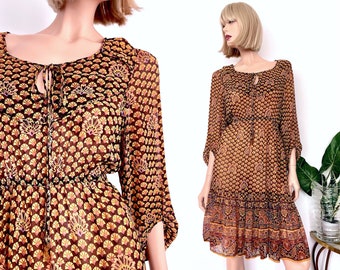 Vintage 70s peasant smock dress | Art Nouveau floral print crepe | boho hippie, size 8 size 10