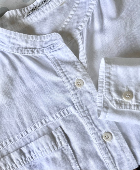 Vintage 80s white blouse, collarless linen cotton… - image 6