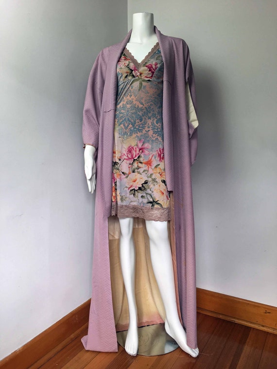 Vintage 60s 70s White Green Pink Silk Floral Komon Showa Kimono 8 10 S