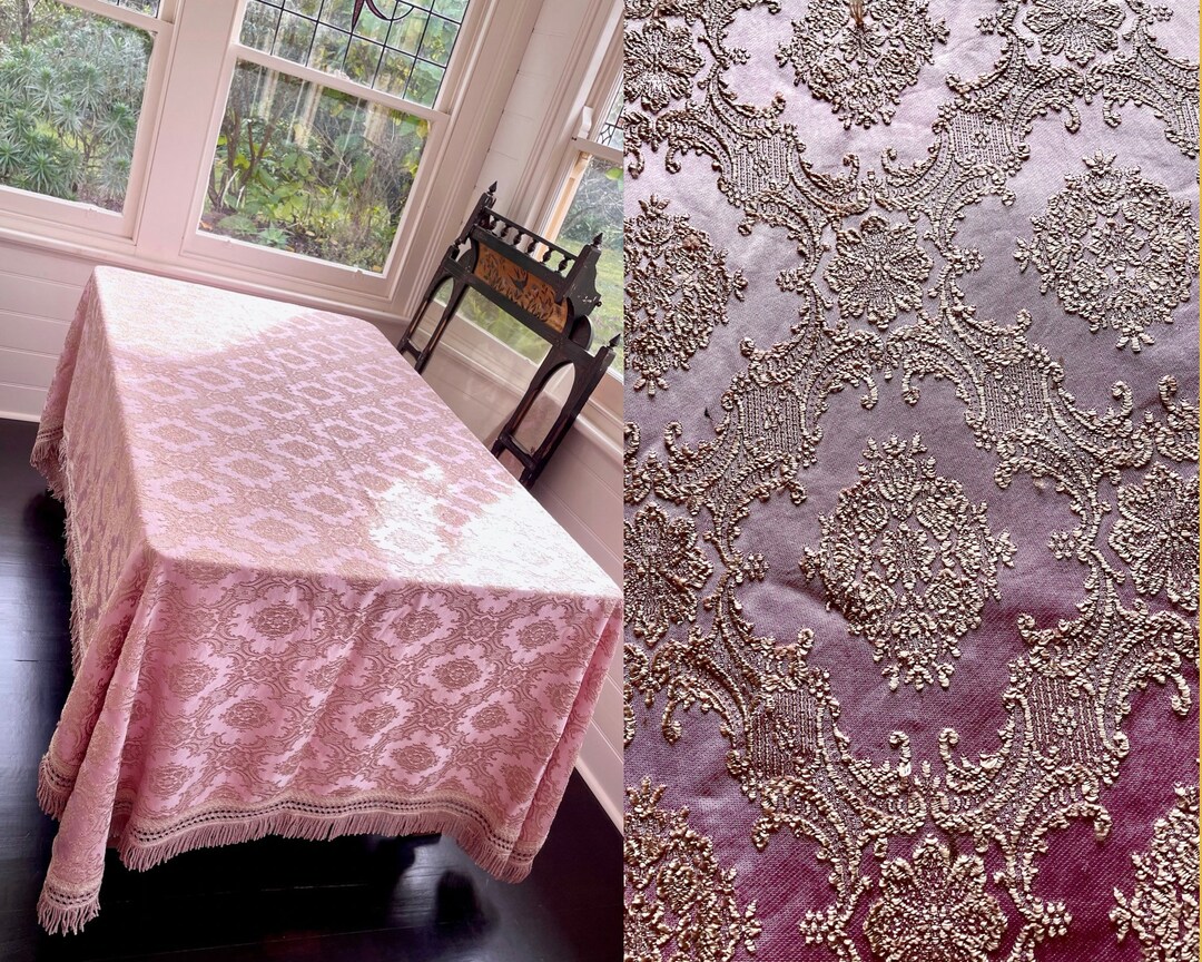 Vintage Pink Satin Brocade Bedspread With Heavy Gold Fringe Etsy